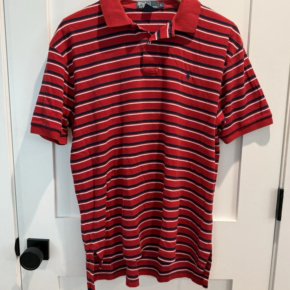 Polo Ralph Lauren Red Striped Polo Shirt USA Made Classic Fit Men's Large Preppy
